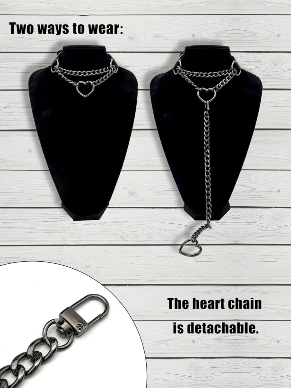 Heart Chain Leather Collar - Black Metal Heart Leash
